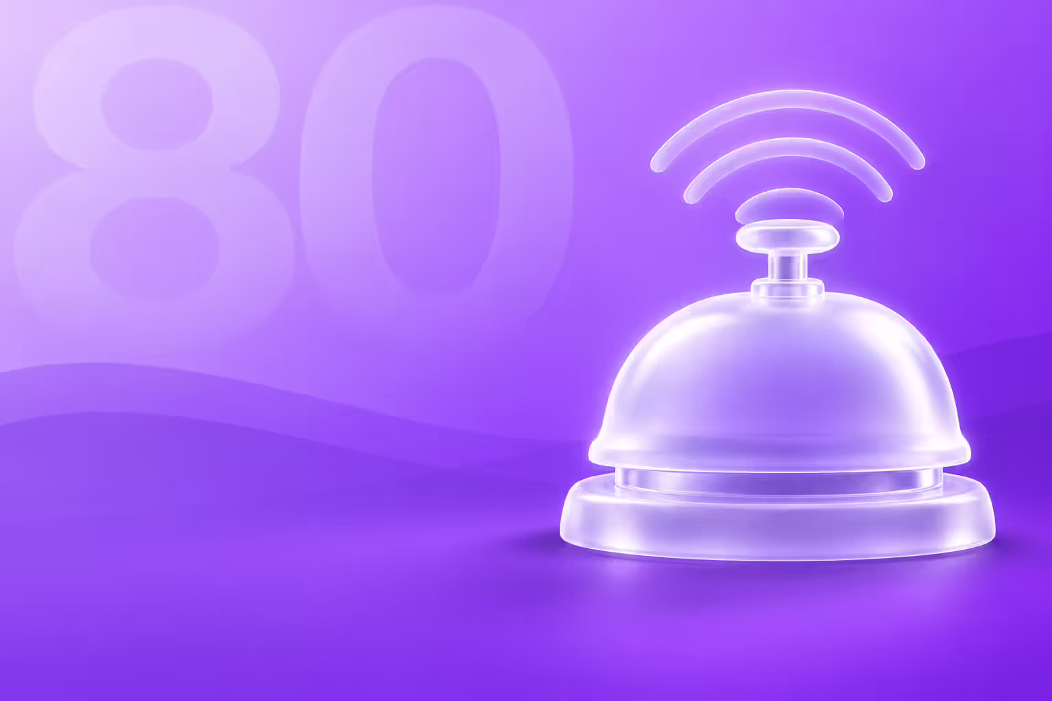 Frosted glass front desk service bell with ring arcs and a ghosted numeral 80 on a purple gradient