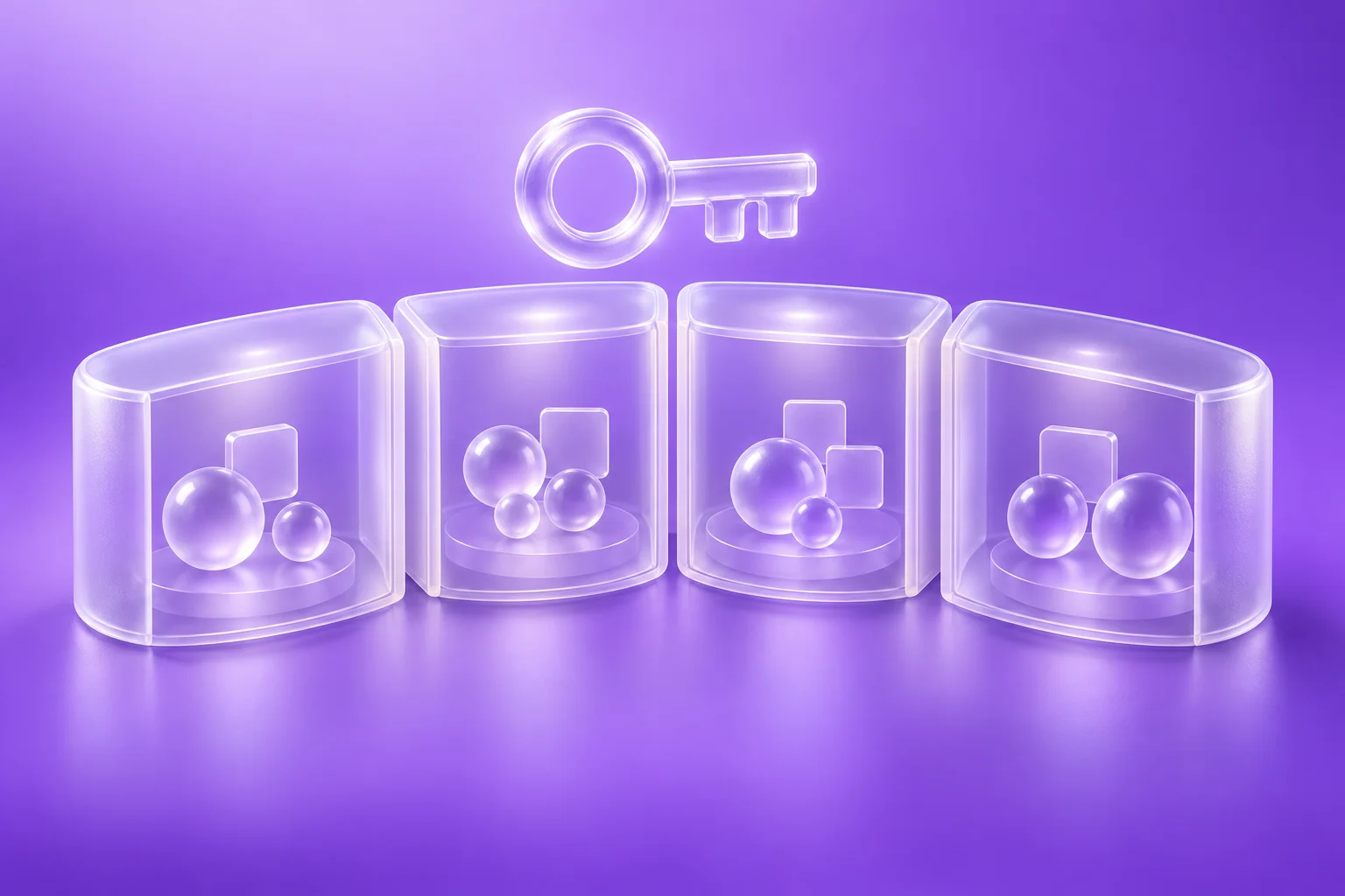 Four sealed frosted glass compartments each holding its own glass spheres, with a translucent key floating above, representing isolated client workspaces under controlled access