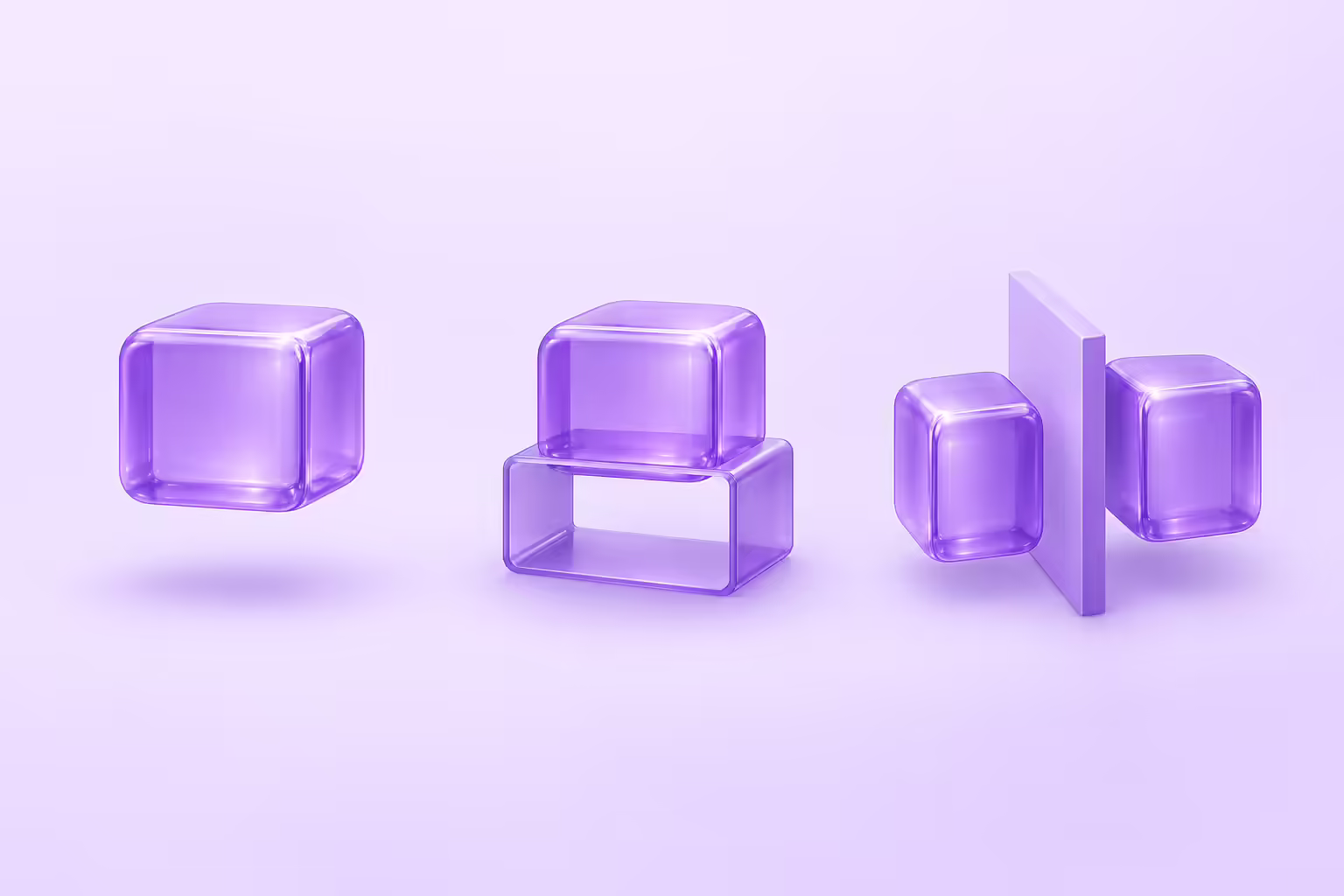 Three deep purple glass vignettes in a row on a pale violet ground: a block hovering with an empty gap where its base should be, a block resting on a hollow open shell, and two blocks separated by an upright divider panel.