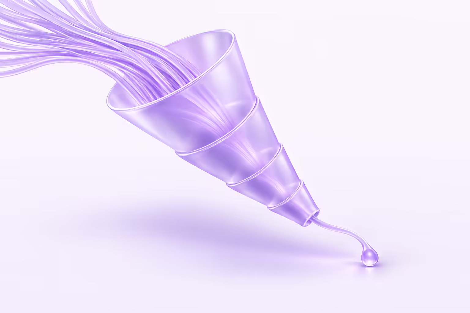 A stepped frosted glass funnel angled across a pale violet ground, a thick bundle of fine glass strands pouring into its wide mouth and a single slender strand leaving the narrow end to finish in a small glass droplet