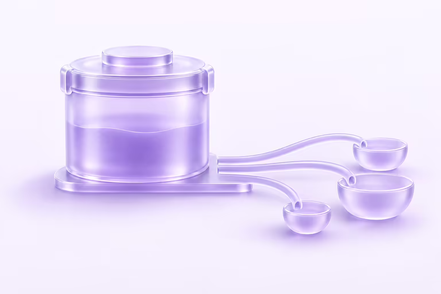 A frosted glass vessel with a heavy lid clamped shut resting on a glass base plate, three open glass tubes running out from the plate to three small glass bowls on a pale violet ground