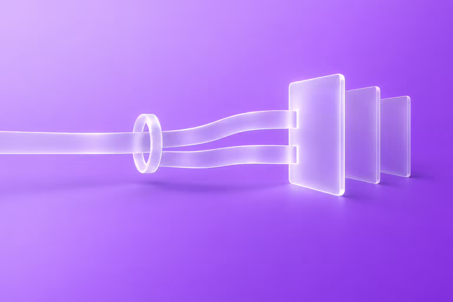 A single frosted white glass ribbon crossing a lavender to purple gradient, passing through a glass ring and emerging as two separate parallel ribbons that plug into one glowing upright glass card, with two unlit glass cards standing behind it