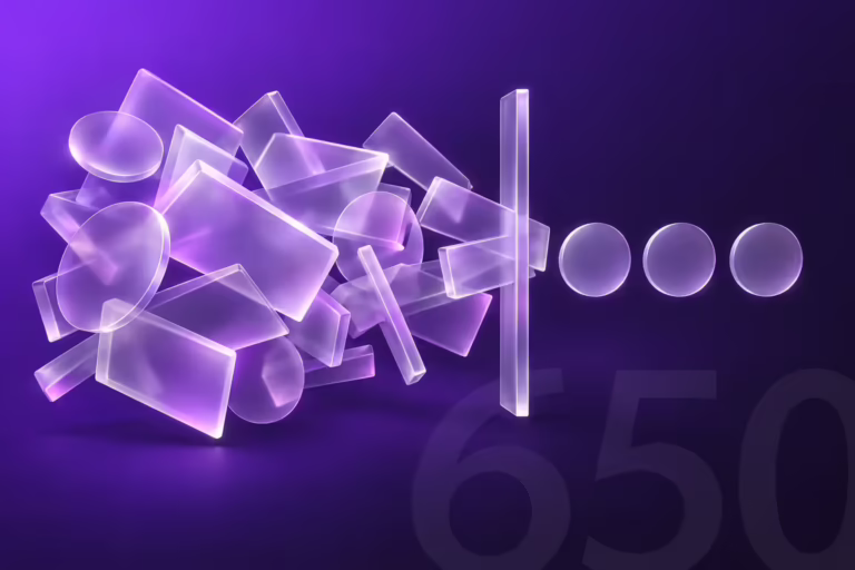 A crowded mass of frosted glass slabs at conflicting angles passes through a narrow vertical glass slit and emerges as three evenly spaced clear glass discs, on a deep purple to ink gradient.