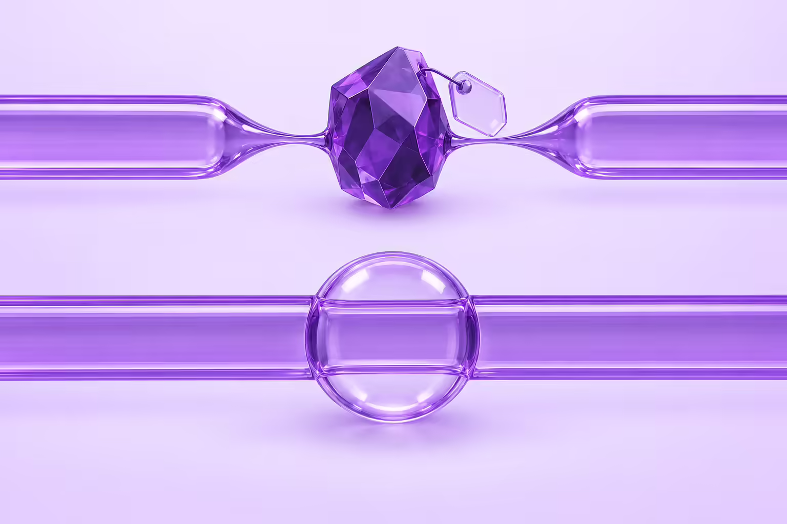 Two horizontal glass channels on a pale violet ground. The upper channel is squeezed to a thin neck by a dark faceted crystal with a blank tag hanging beside it. The lower channel runs at full width straight through a clear glass sphere.