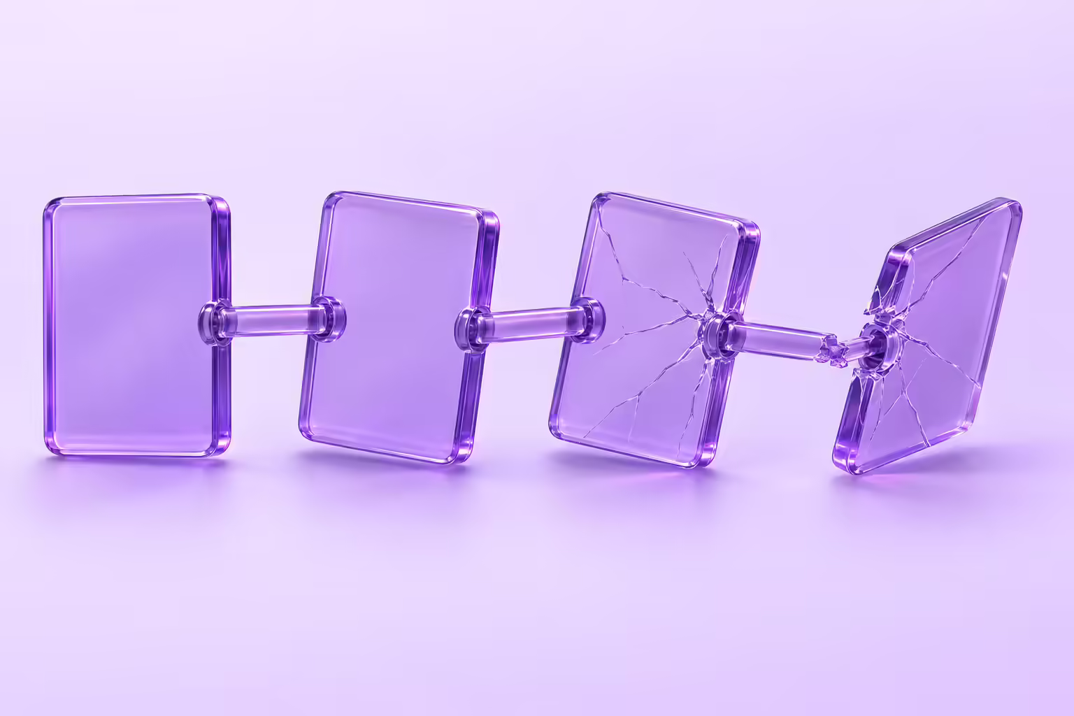 Four translucent violet glass panels linked in a row on a pale violet ground, each more tilted and cracked than the one before, with the last panel rotated away from the chain.
