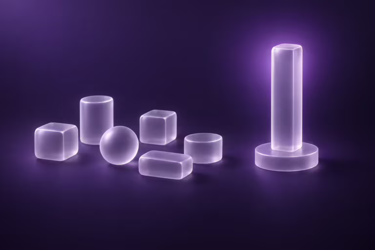 Six small frosted white glass blocks and cylinders of similar size stand together on a dark violet ground, while a single taller glass column set apart on the right rests on a raised circular glass plinth lit by a soft purple glow.