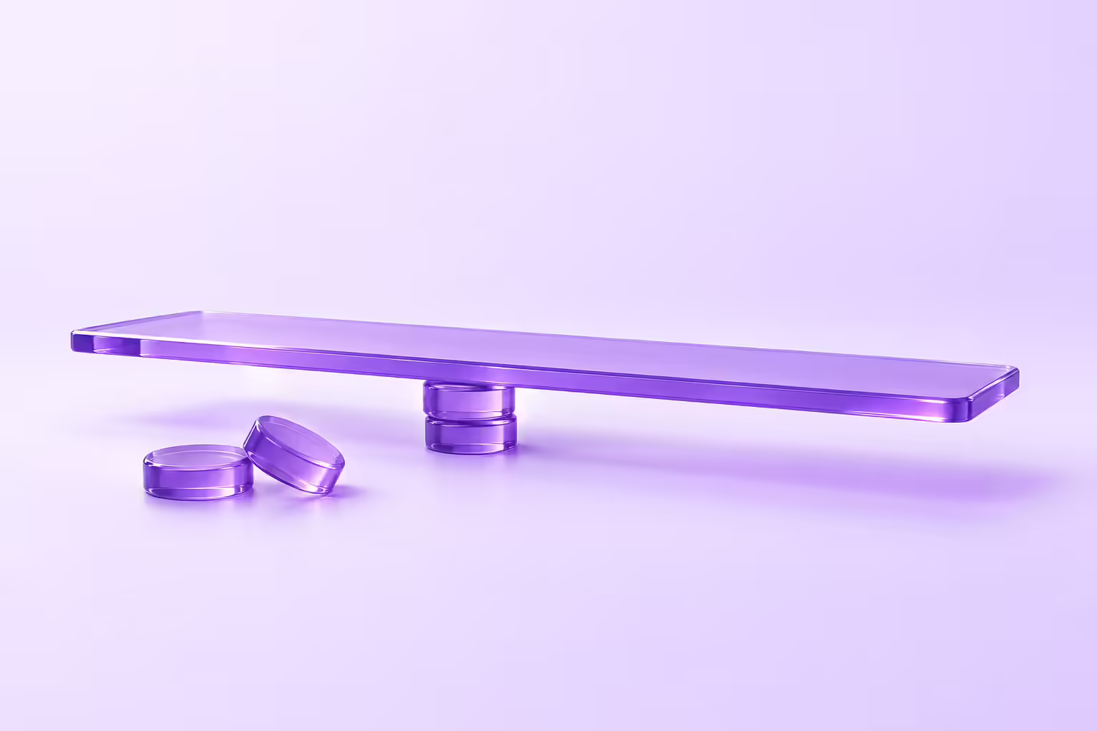 A long wide deep purple glass slab balanced on a very small stack of two glass discs, overhanging unsupported far past both ends, with two more loose discs lying on the pale violet ground beside the stack.