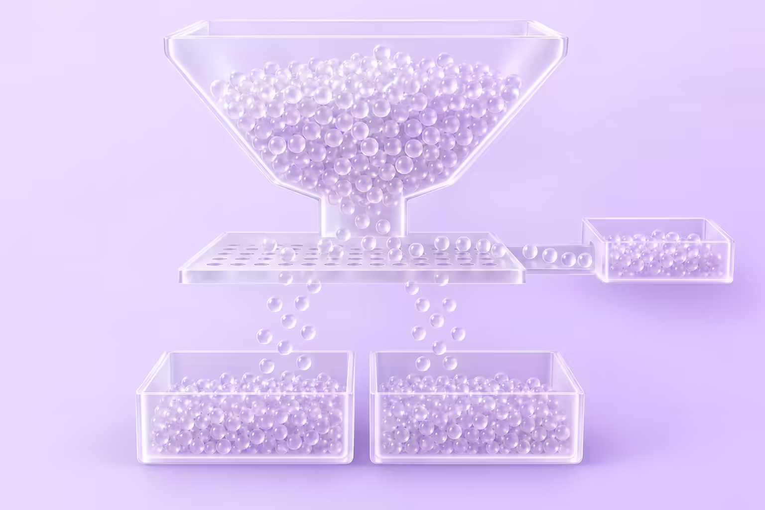 A frosted glass hopper filled with small glass beads empties through a perforated glass plate on a pale violet background, with some beads diverted sideways into a small separate tray and the remainder falling into two equal side-by-side glass trays.