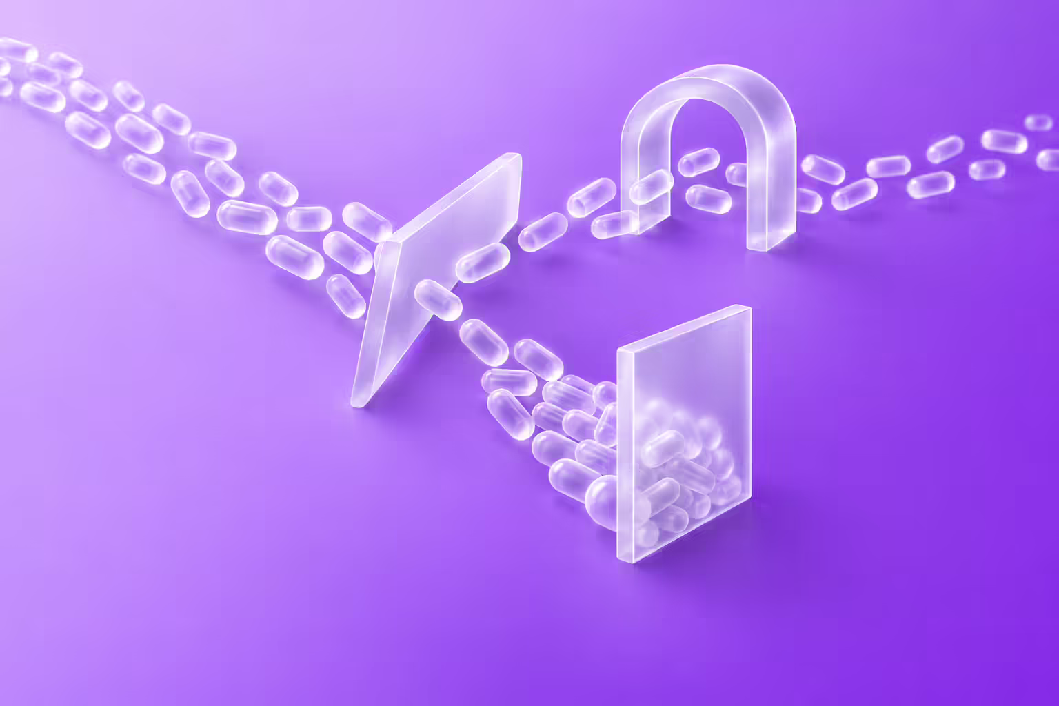 Frosted glass capsules flow down a lavender gradient, split at a clear glass blade, one stream passing through an open glass arch while the other piles up behind a closed frosted pane.