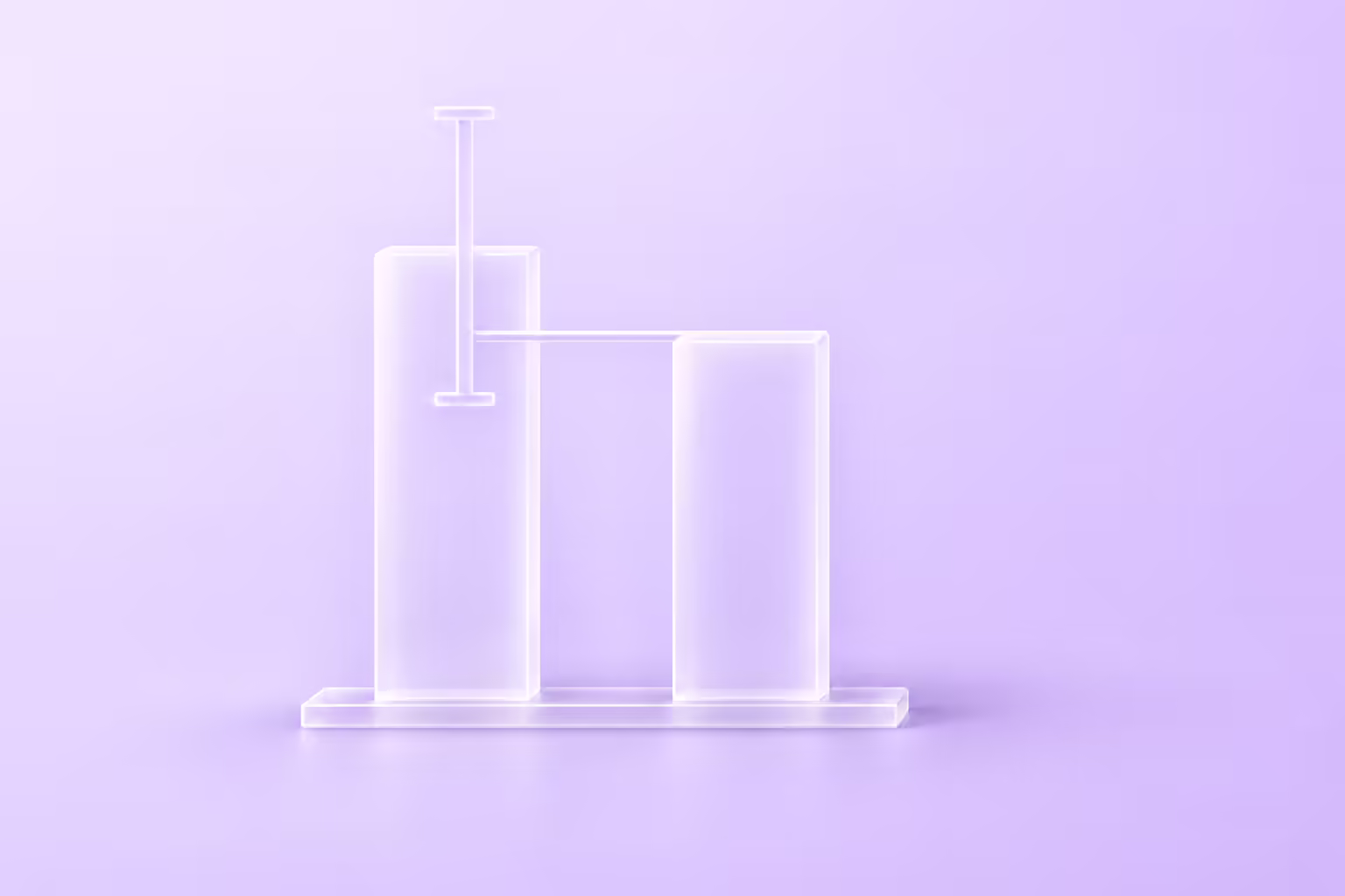 Two frosted glass bars of slightly different heights stand on a glass base on a pale violet background, with an I-shaped glass whisker marker on the taller bar reaching down past a thin glass rule set at the shorter bar's top height.