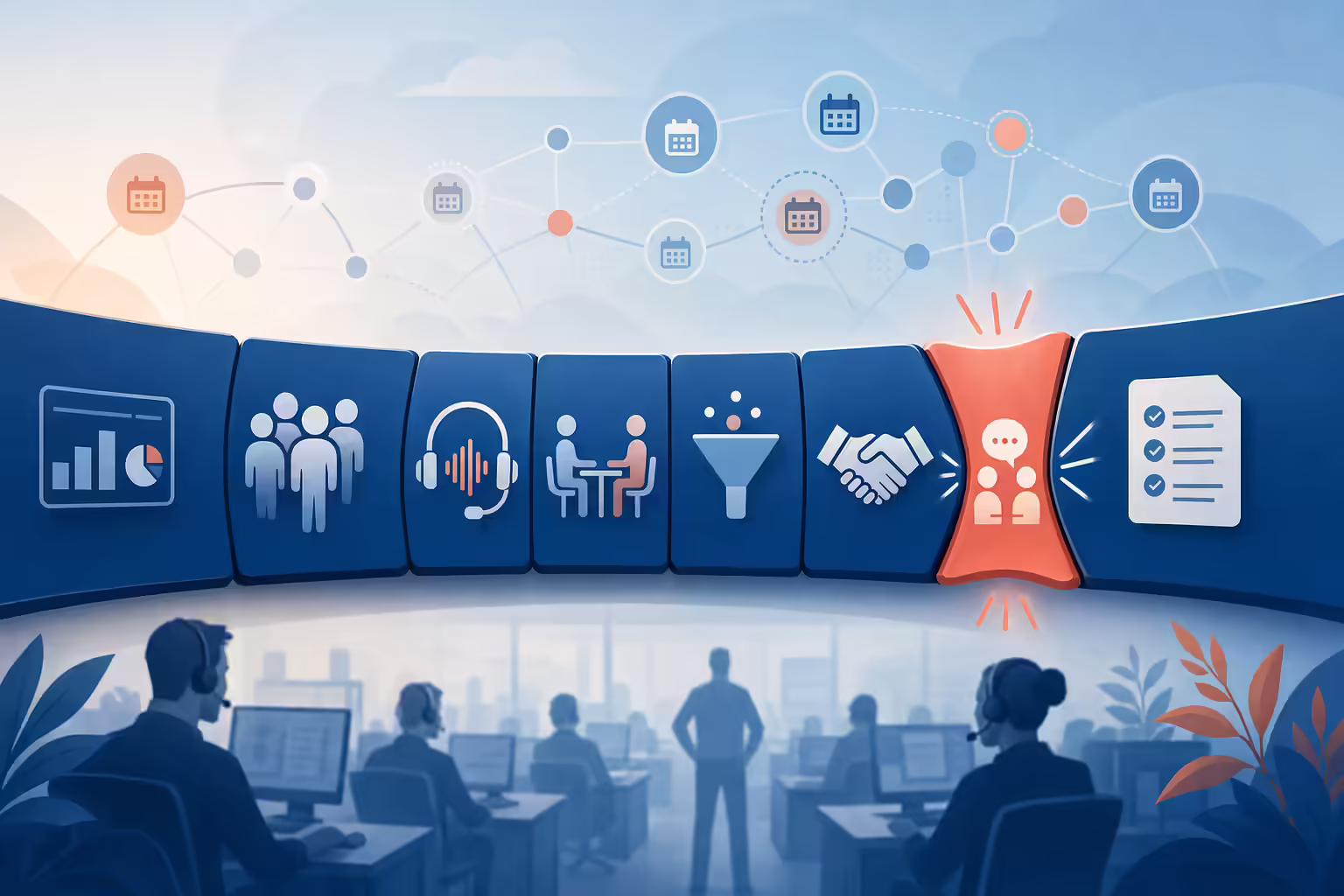 The eight blocks of an SDR manager's working day, from dashboards and stand-up through call listening, one-on-ones, lead flow, handoff feedback and coaching to end-of-day planning, with the coaching block visibly squeezed narrow by the blocks crowding around it