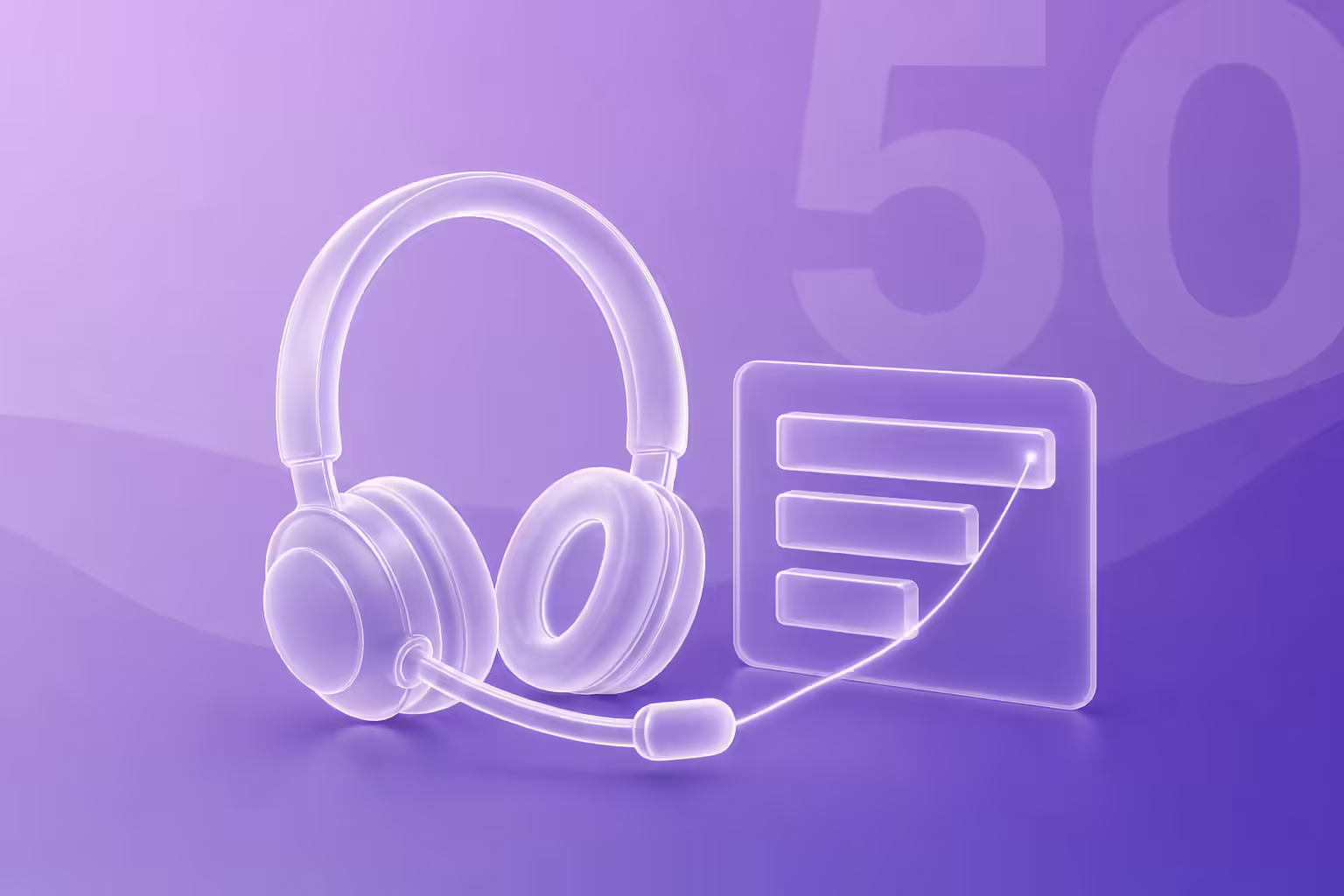 Translucent glass sales headset beside a leaderboard panel with rising performance bars, connected by a thin ascending line, on a purple gradient