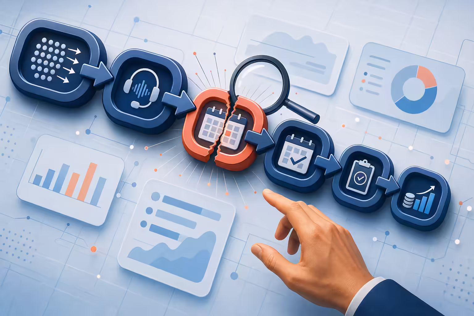 The SDR manager KPI chain narrowing from dial attempts to live connections, booked meetings, held meetings, accepted meetings and pipeline, with the booked-meeting link fractured and under a magnifying glass to show where the chain broke
