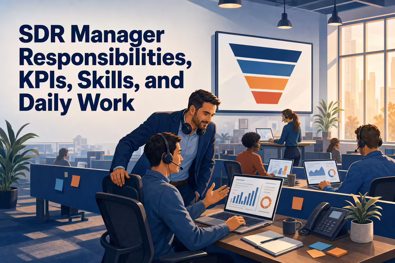 A sales development manager leaning in beside a seated rep on a headset in a busy sales bullpen, with a funnel diagram on the wall display behind them, under the article title SDR Manager Responsibilities, KPIs, Skills, and Daily Work