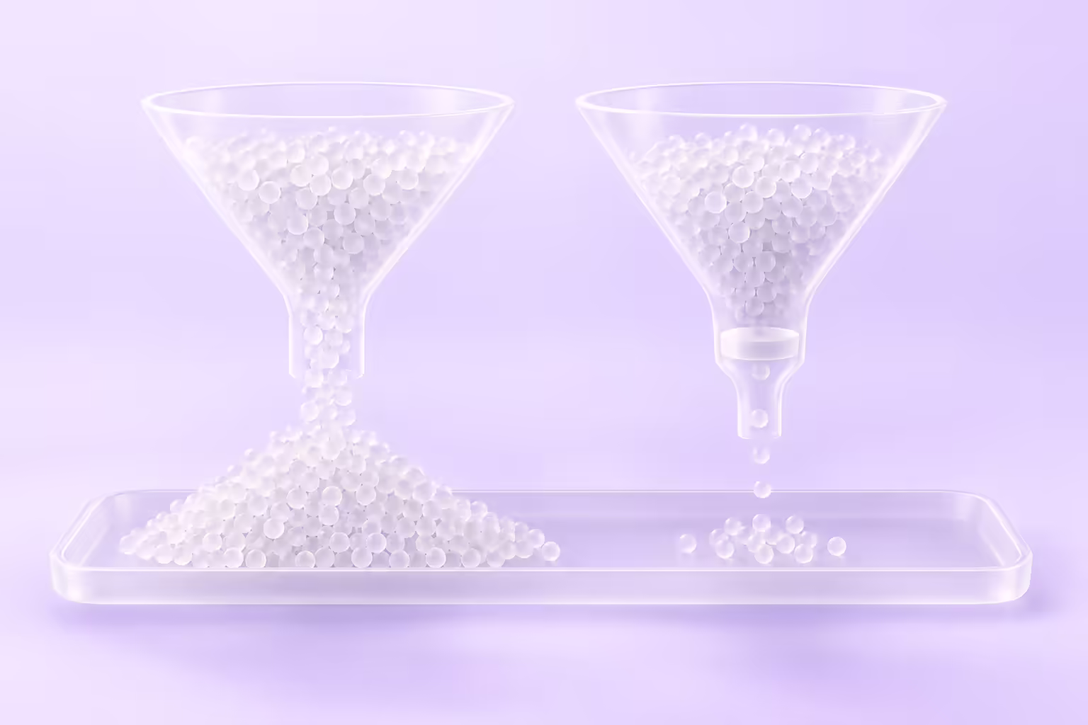 Two frosted white glass funnels on a pale violet ground, the left one open and pouring glass pellets into a large heap, the right one blocked by a gate plate across its neck with only a few pellets below.
