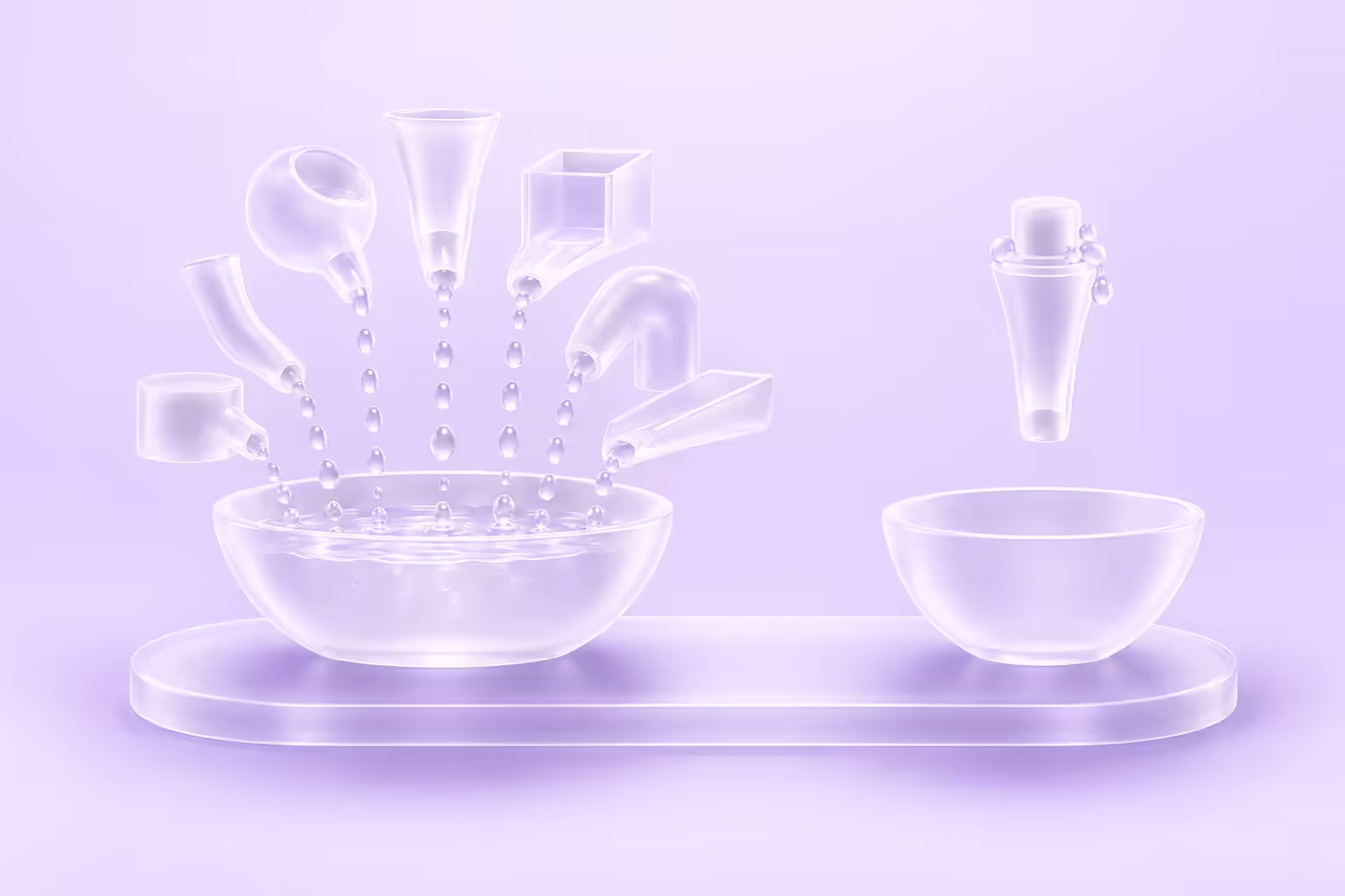 Seven differently shaped frosted glass spouts feeding droplets into one filling glass basin, beside a single capped glass spout with droplets stalled outside and an empty basin below, on a pale violet ground.