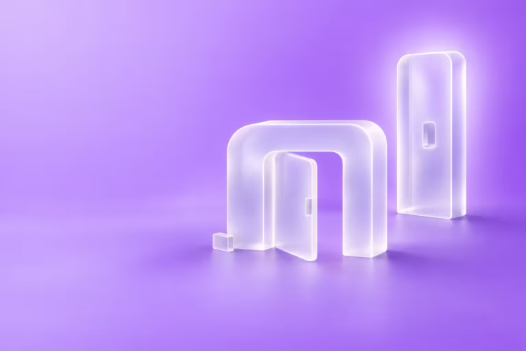 Two frosted white glass gateway forms on a lavender gradient, one a low archway standing open with a loose latch block beside it, the other a taller sealed panel with a recessed keyway.
