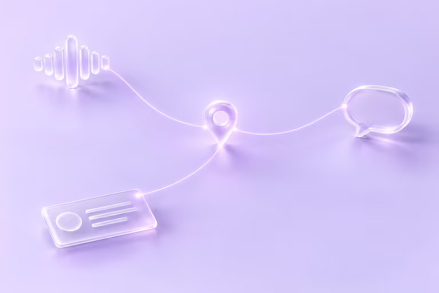 A frosted glass marker at the centre of a pale lavender ground with three glowing threads running to it from a glass waveform fragment, a flat glass record card and a glass speech bubble