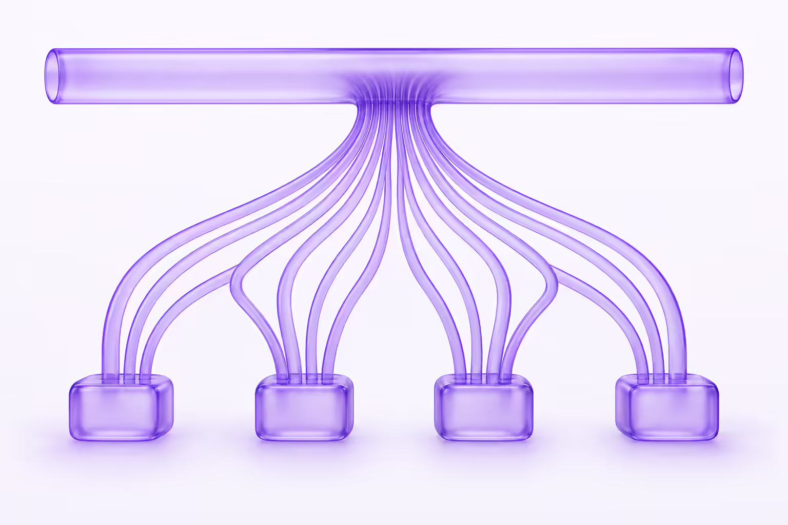 Pale violet diagram of four small translucent purple glass blocks in a row, each feeding several slender glass channels that rise, fan outward and converge into one single wide horizontal glass pipe above them.