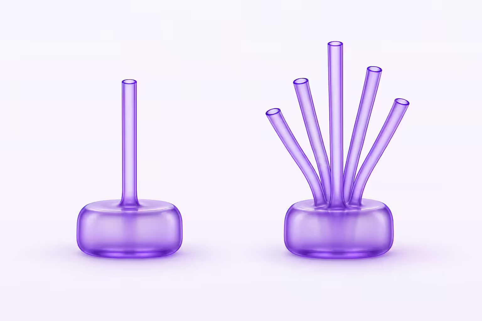 Pale violet diagram comparing two identical translucent purple glass blocks side by side, the left one with a single slender glass tube rising straight up from it and the right one with several tubes fanning upward at once.