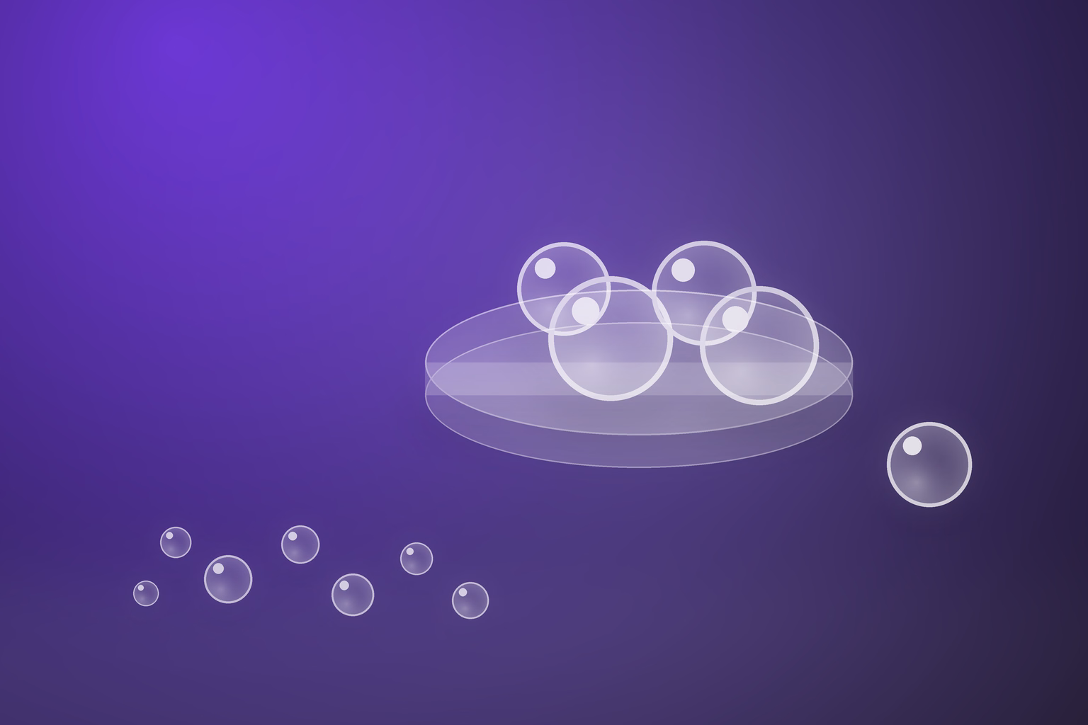 A wide shallow frosted glass dish on a deep purple gradient ground, packed with four milky white translucent glass spheres of different sizes nested at two depths so they overlap. A fifth glass sphere rests on the bare floor outside the dish to the right, clearly not in it, and seven much smaller glass spheres are scattered loosely across the lower left of the floor. Each object casts one soft diffuse shadow. No text.