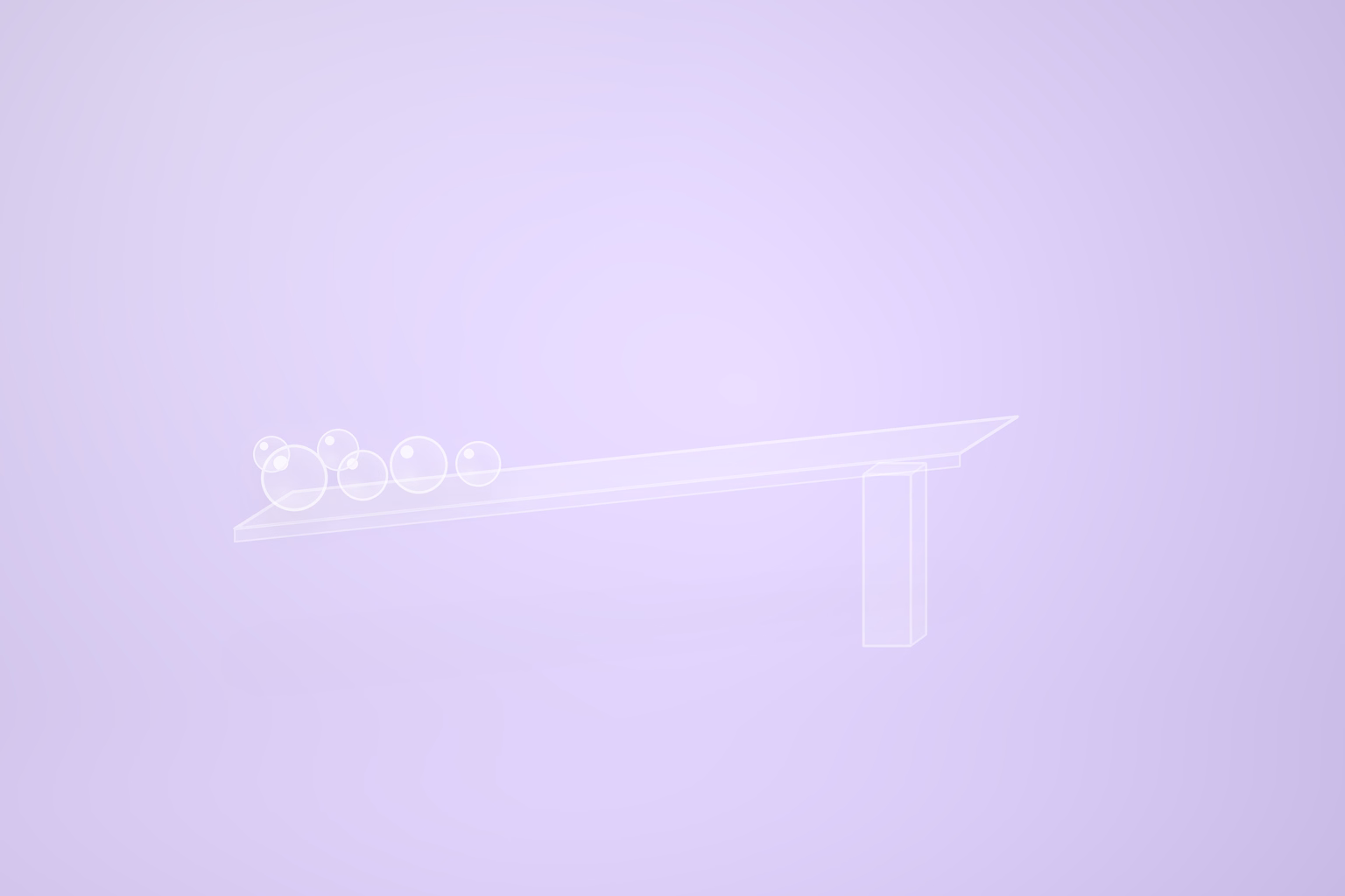 A long flat frosted glass plate on a pale violet ground, tilted so its left end is low and its right end is high, carried by a single narrow translucent glass post placed well off centre near the right end. Six milky white glass spheres of varying sizes are bunched together at the low unsupported left edge of the plate. No text.