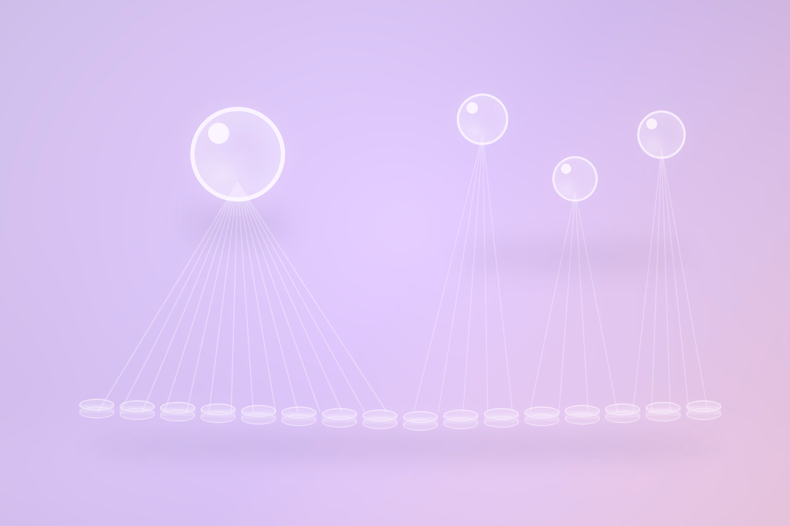 One large frosted glass sphere at left with fourteen fine white lines fanning down to a long row of small glass discs, beside three smaller spheres each sending four or five lines to the same row.