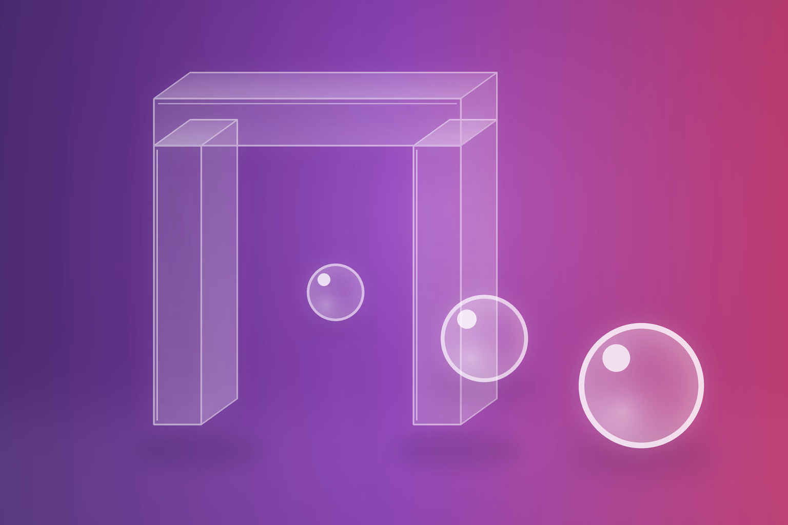 Frosted glass doorway of two upright posts and a heavy lintel, with three translucent white spheres of increasing size passing out through the opening onto a violet to magenta gradient floor.