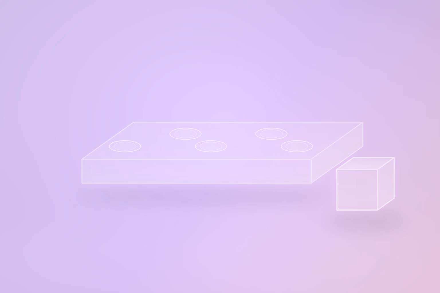 Thick translucent glass slab with five identical round recesses cut into its top face, and one square sided glass block resting on the pale violet floor beside it.
