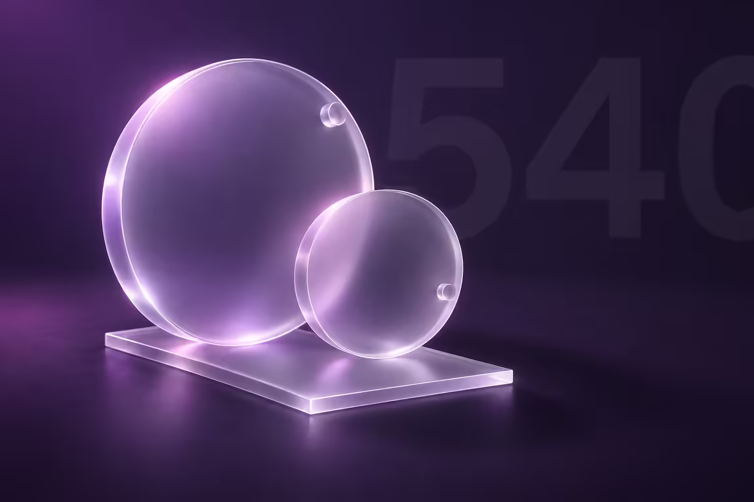 Two frosted glass discs of different sizes standing upright on a thin glass plate against a deep purple ground, each disc carrying one small raised marker at a different angle, with a large faint number 540 ghosted into the background and cropped by the right edge.