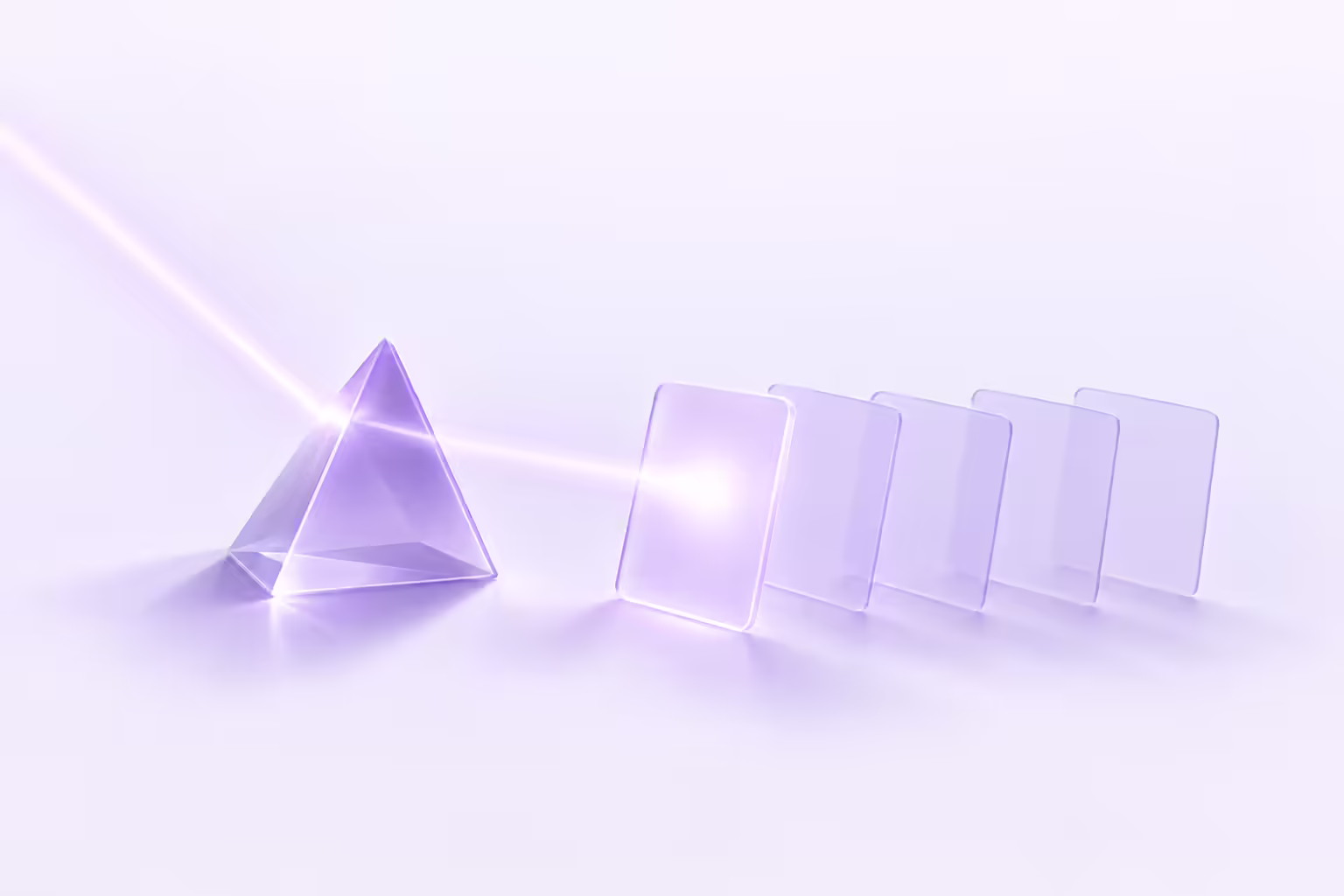 A translucent violet glass prism on a pale violet ground catching a beam from the upper left and resolving it into a single focused ray that lights exactly one card in a fanned row of five blank glass cards, the other four receding and dimmer.