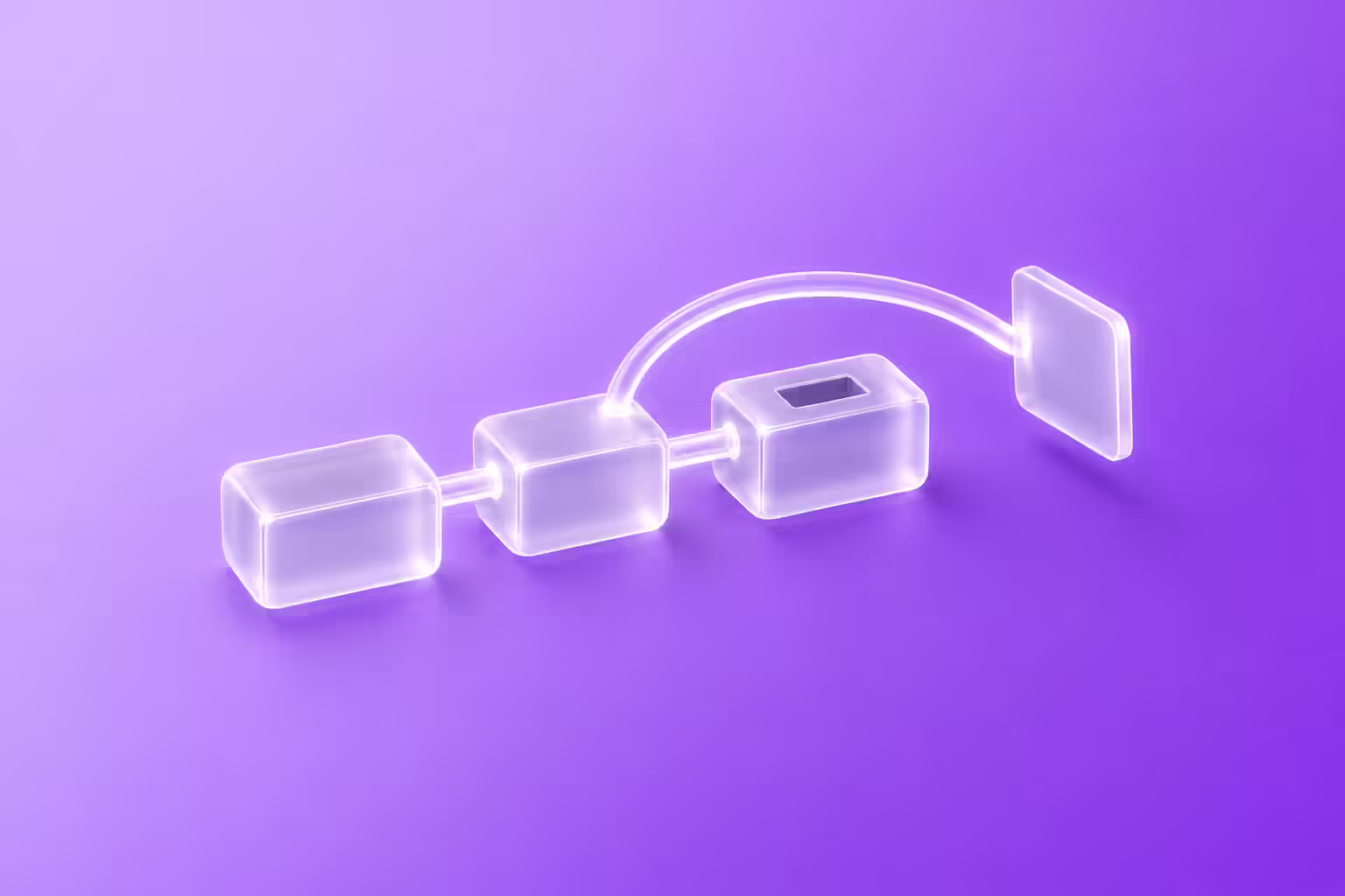 Three translucent frosted-glass modules linked in a row on a lavender-to-purple gradient, the last one with an empty unfilled socket while a slim glass bridge arcs over it to a separate floating glass card.