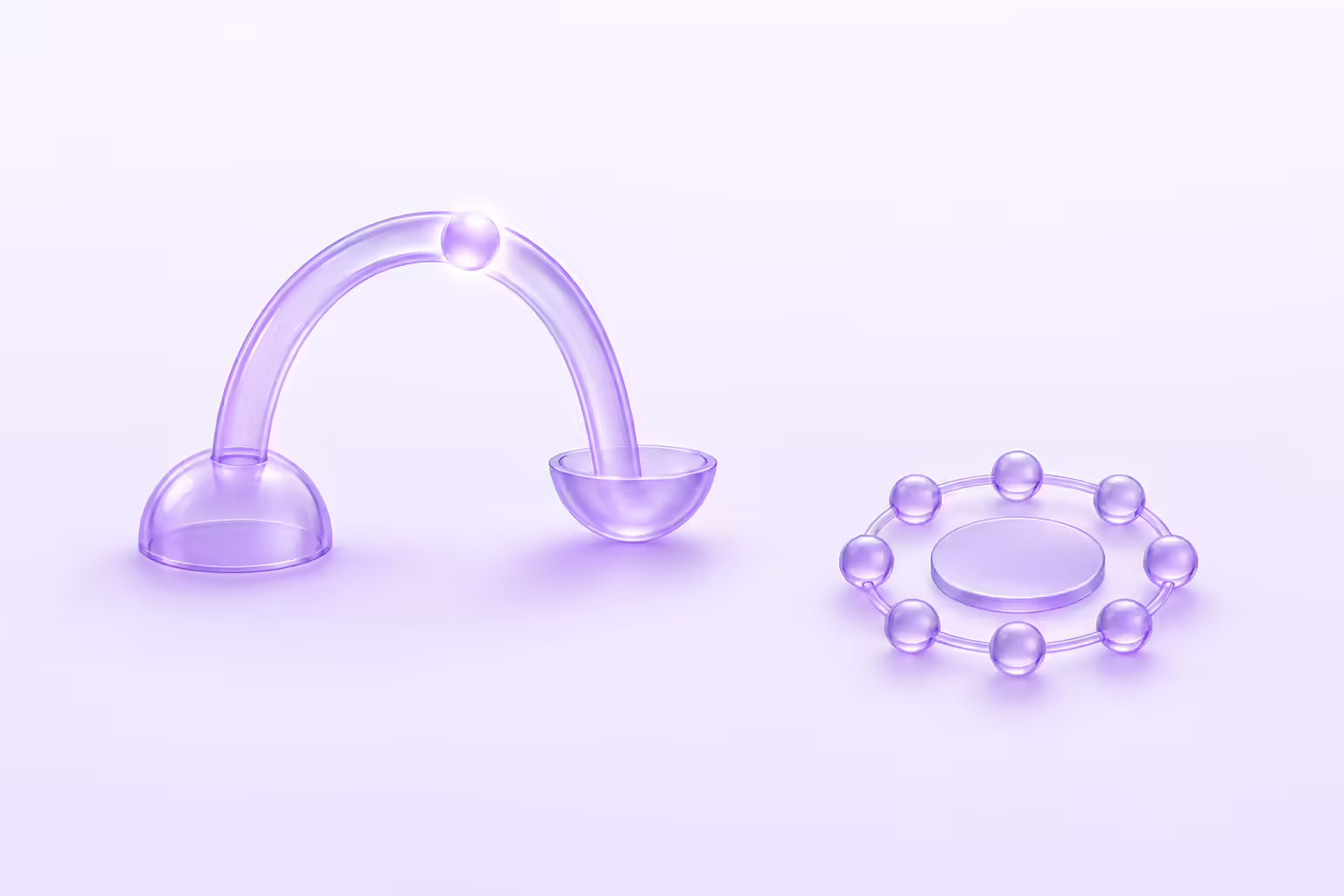 Two translucent violet glass forms on a pale violet ground: on the left a single unbroken glass conduit arcing from a closed dome into an open cradle with one bright bead travelling along it, on the right a closed ring of eight identical empty glass capsules circling a flat disc.