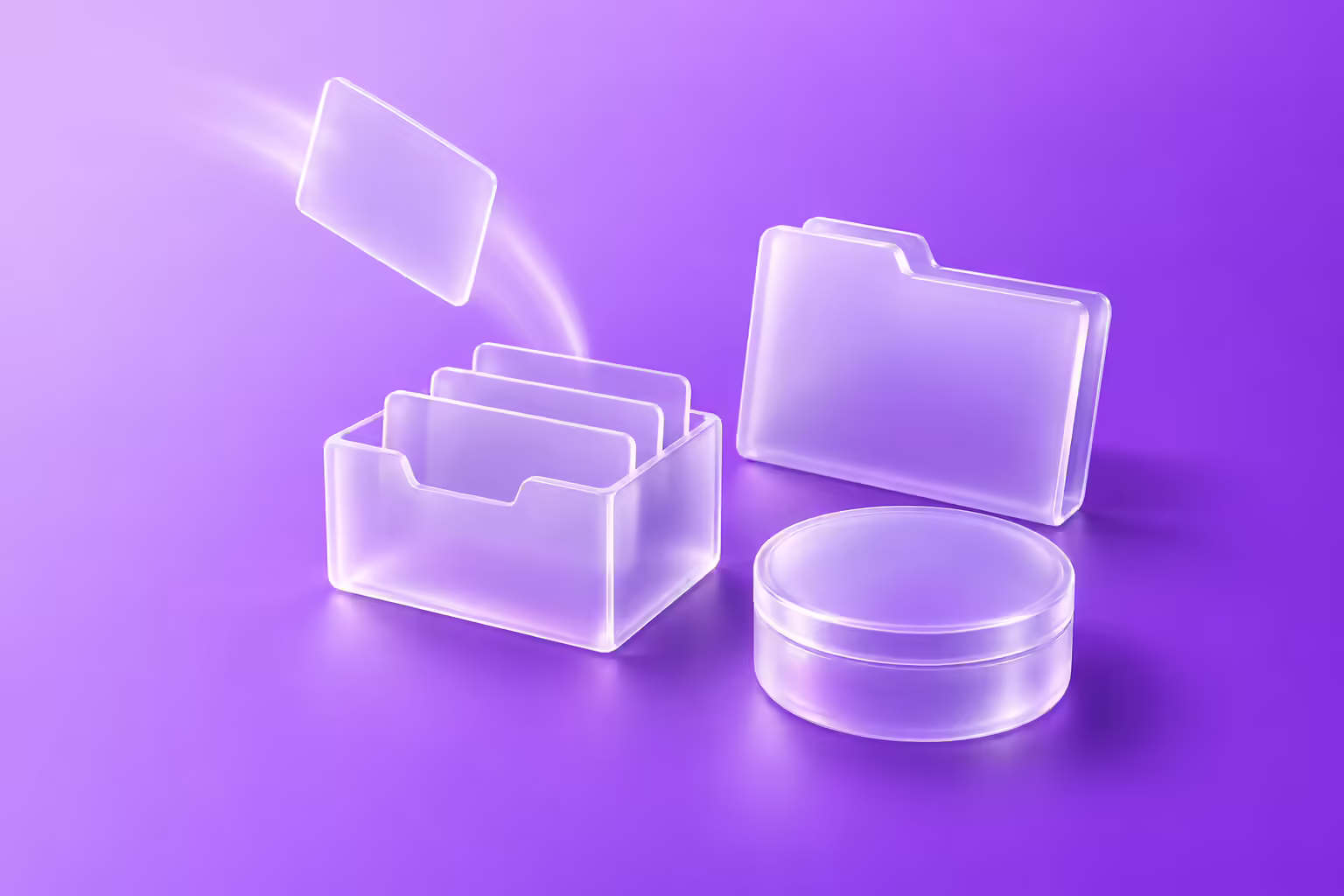 Three translucent frosted-glass containers on a lavender to purple gradient, an open card index box holding upright glass cards, a closed glass folder and a closed round glass dish, with a single glass sheet descending on a glowing trail toward the open box.