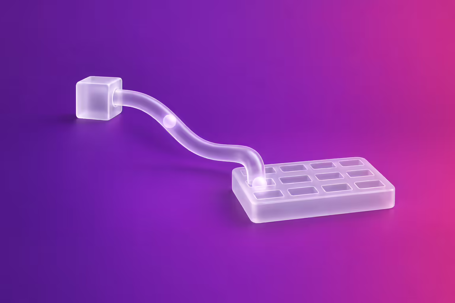 Frosted white glass illustration on a purple to magenta gradient: a small glass cube at upper left connected by a curving glass tube to a wide low glass tray at lower right, a single glass token travelling inside the tube and one glowing token arriving at the tray, whose remaining grid of recessed slots is empty.