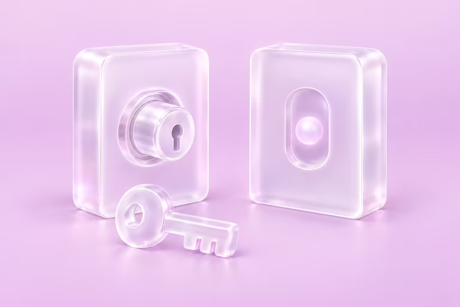 Frosted white glass illustration on a pale orchid ground: two upright glass slabs, the left one holding a glass lock barrel in its face with a detached glass key lying loose on the ground in front of it, the right one sealed with a single oval window showing one glowing glass sphere alone inside.