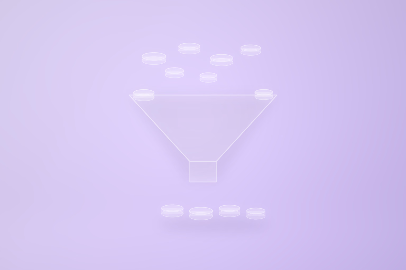 Translucent glass funnel on a pale violet ground, with scattered glass discs drifting above it, two caught on its rim, and four settled in a row below it.