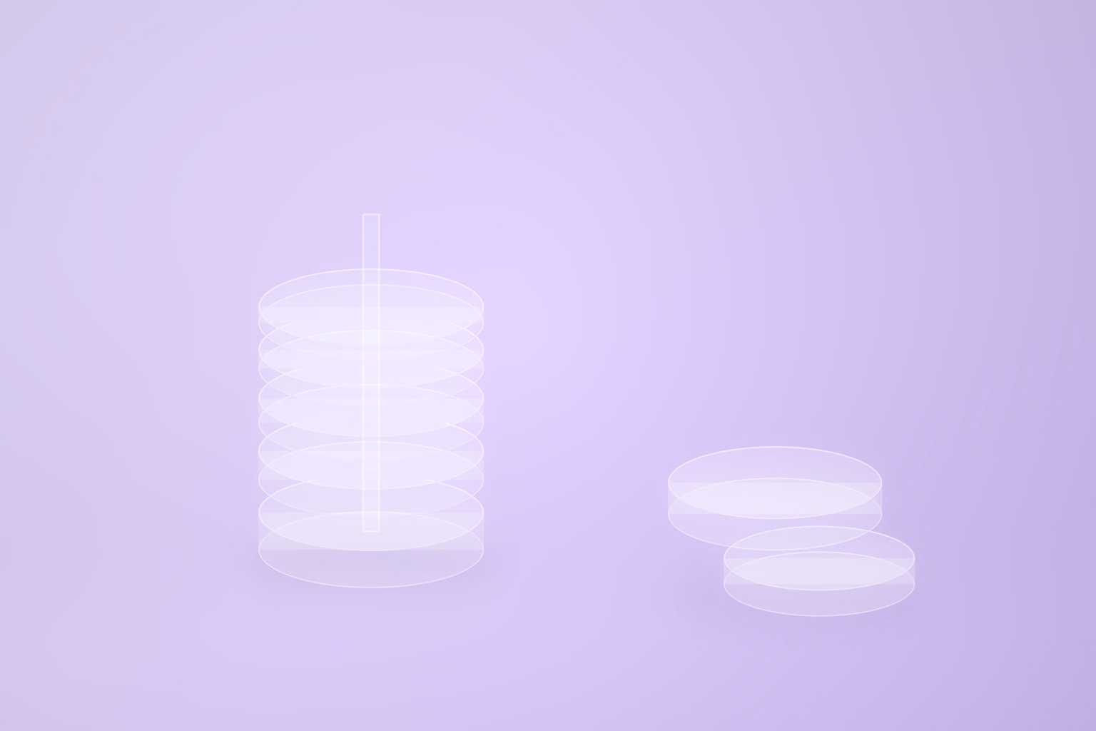 Five glass collars of unequal thickness threaded on an upright glass spindle, with two more collars resting unthreaded on the ground to the right, on a pale violet background.