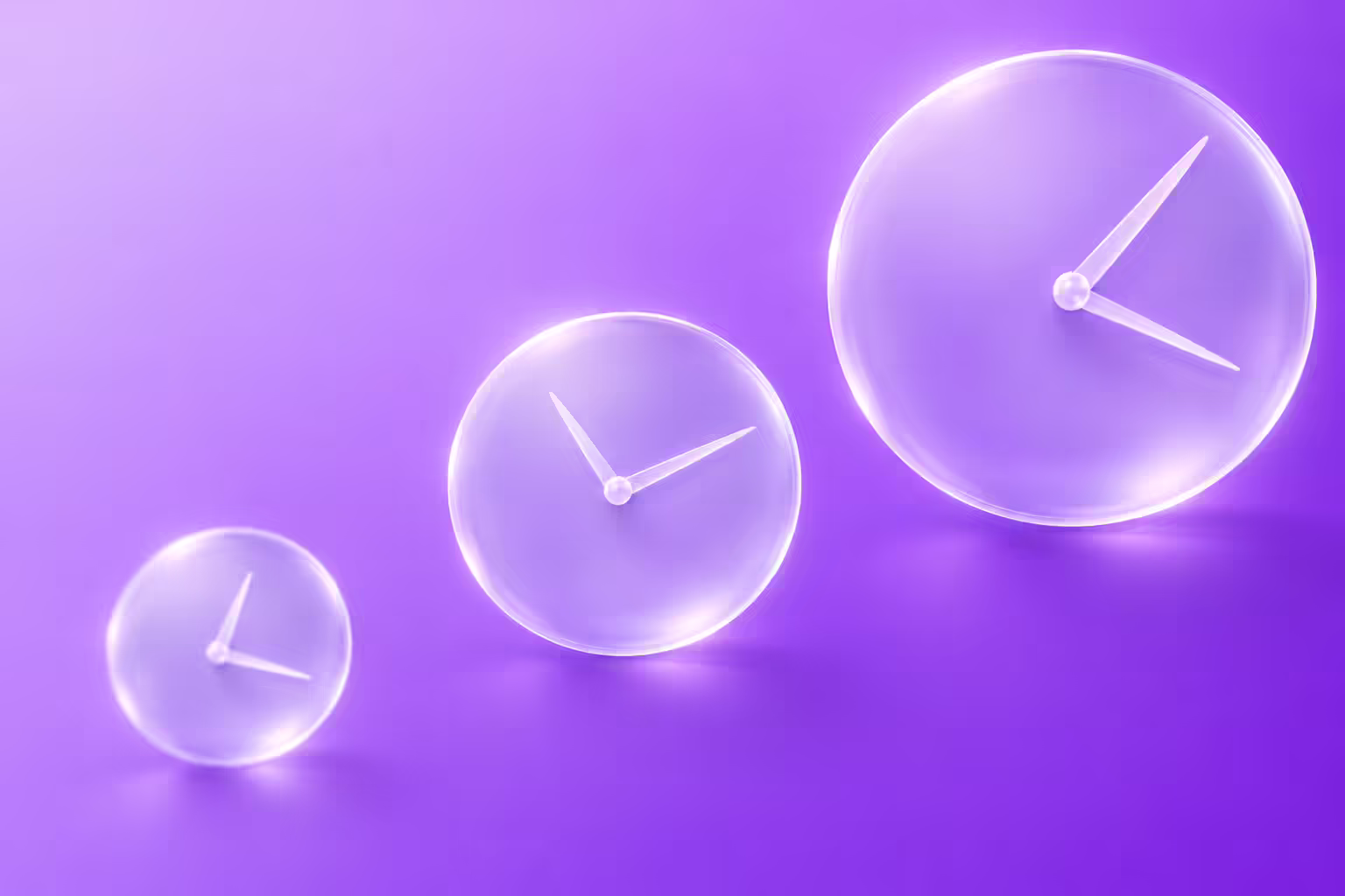 Three translucent frosted-glass dials of different sizes on a lavender to purple gradient, each with its pointer hands set to a different angle