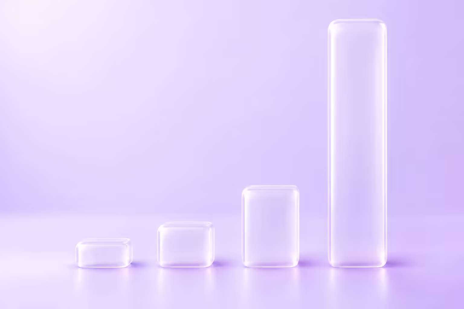 Four frosted-glass columns of sharply increasing height on a pale violet ground, the tallest many times the height of the shortest