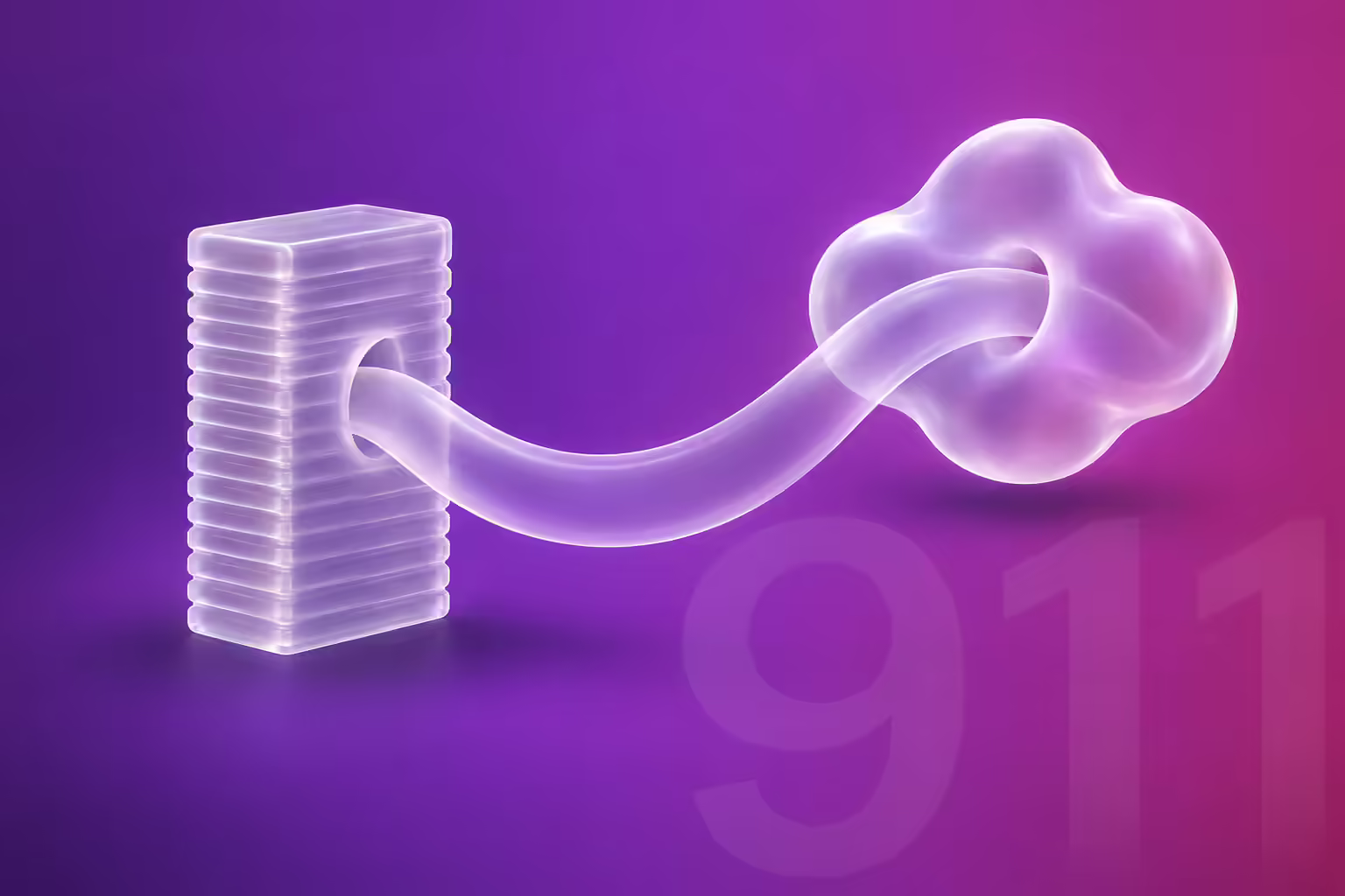 Frosted white glass ribbed cabinet on the left joined by a single continuous glass ribbon to a soft glass cloud form on the right, on a purple to magenta gradient, with a faint ghosted numeral 911 cropped by the frame behind them.