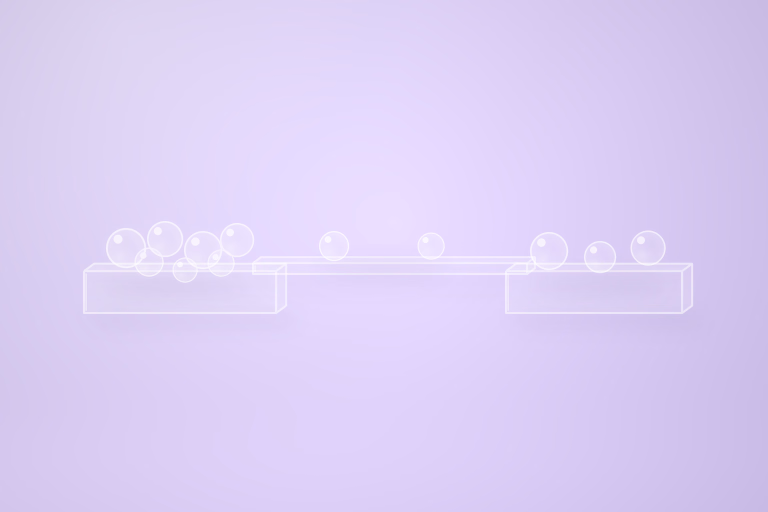 Two low frosted glass platforms on a pale violet floor are joined by a narrow raised glass bridge. The left platform is crowded with overlapping glass spheres, two spheres sit on the bridge mid crossing, and only three spheres have reached the right platform.