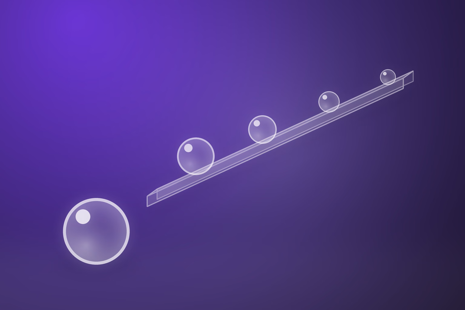 A long inclined slab of frosted translucent glass runs from the upper right down to the lower left on a deep purple gradient, with four glass spheres resting along its sloping top surface and growing larger toward the viewer, and a much larger fifth sphere standing alone on the bare floor just past the lower end.