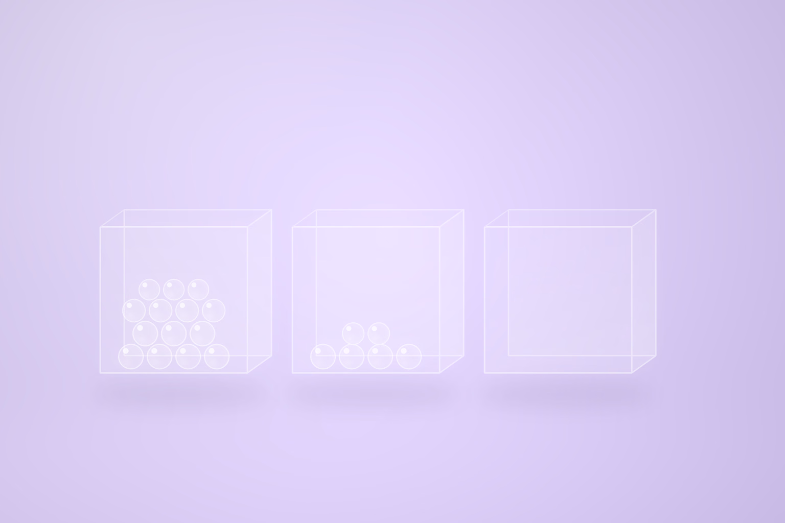 Frosted glass illustration of three open glass bins on a pale violet ground, the first packed two thirds full of glass beads, the second holding one shallow layer, the third empty.