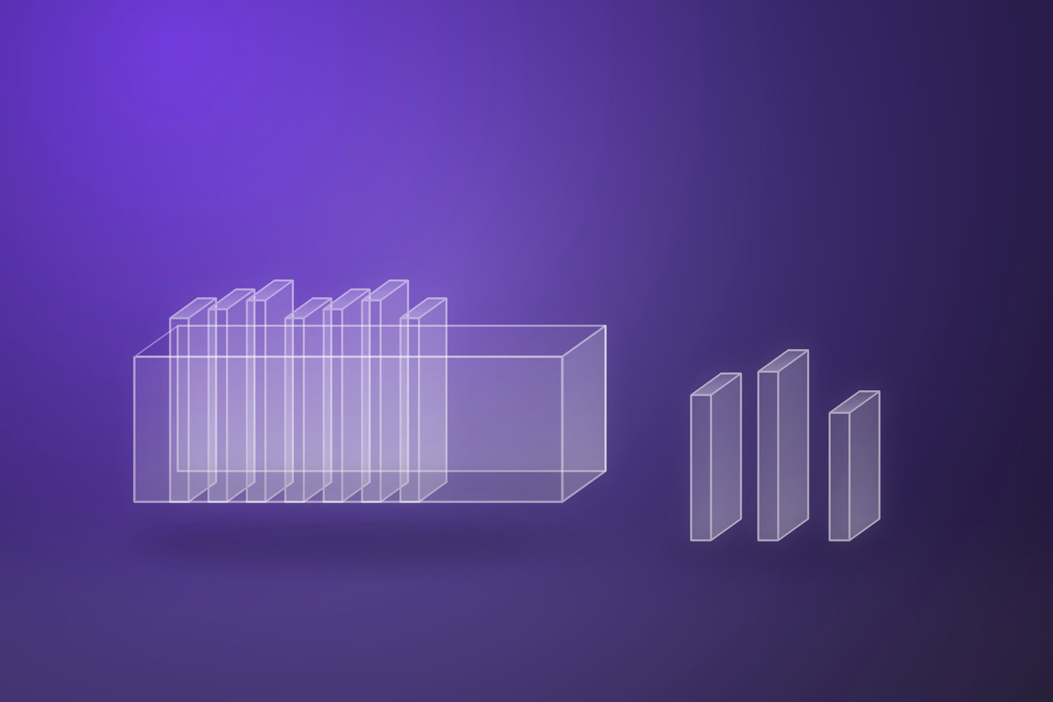 Frosted glass illustration of an open glass crate holding a row of upright record cards, with three more cards standing on the floor outside it, on a deep purple gradient ground.