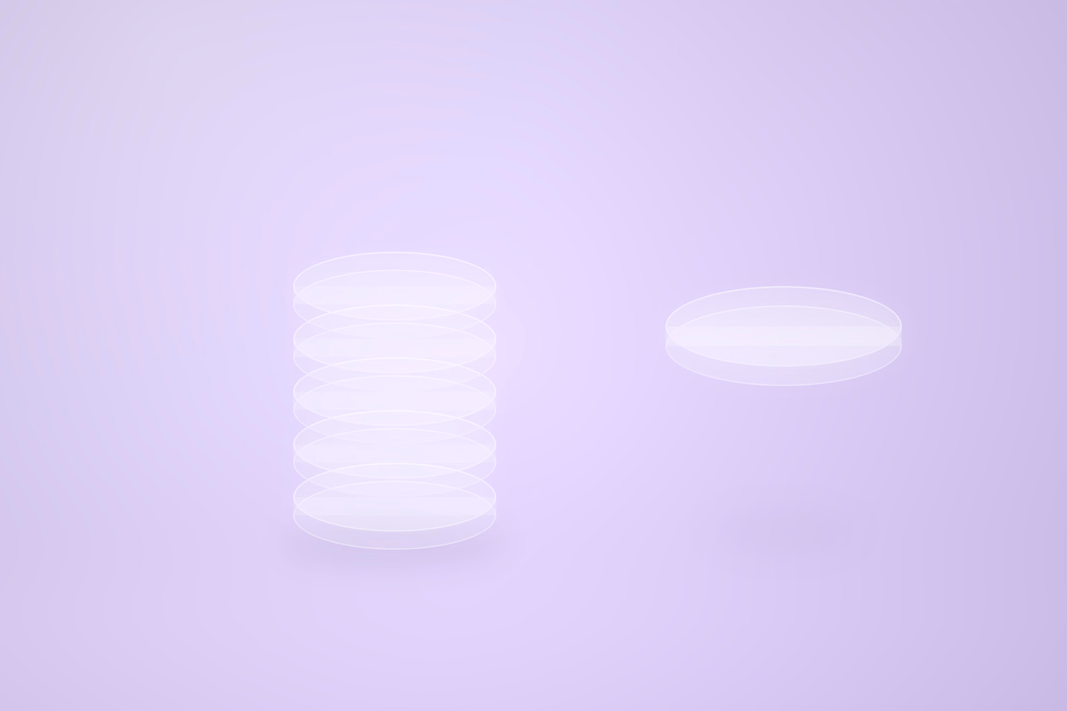Frosted glass illustration of five round glass plates stacked in a column on a pale violet ground, with a sixth plate held clear of the stack to its right.