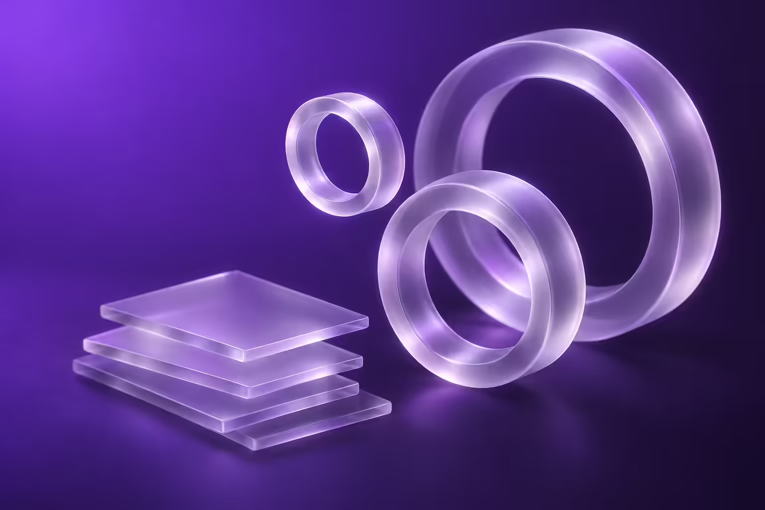 Three translucent frosted glass rings at different sizes and depths beside a stack of four blank glass slabs, on a deep purple to ink gradient
