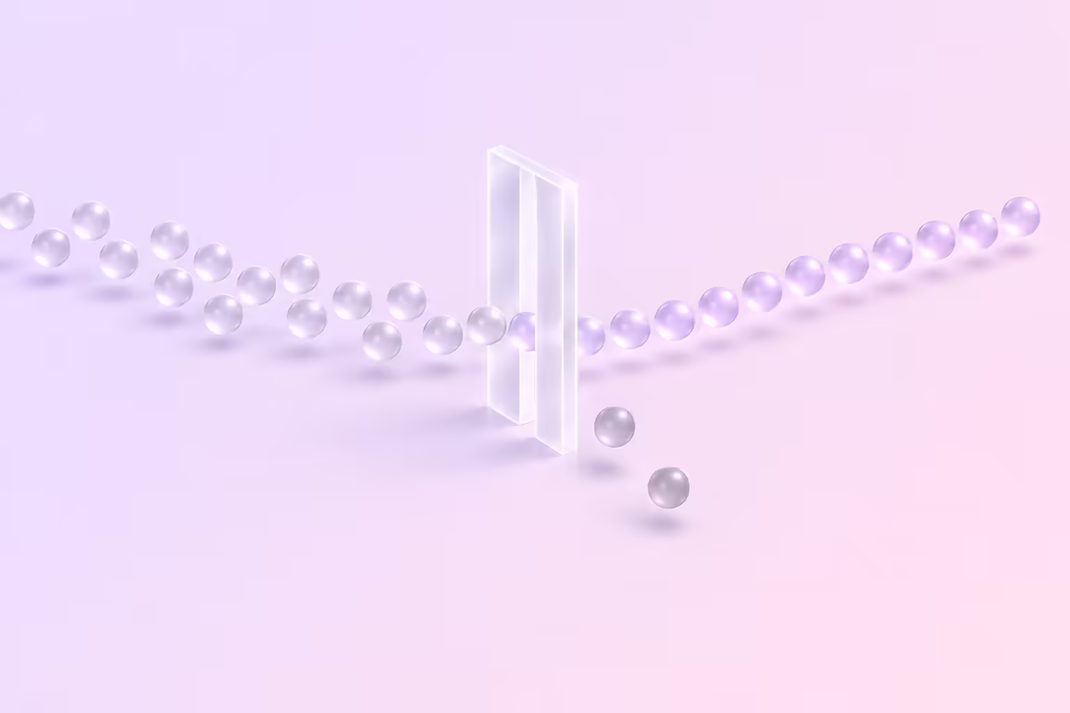A stream of small glass spheres passing left to right through a narrow frosted-glass gate on a pale violet ground, most settling into a glowing arc while two grey spheres fall away below