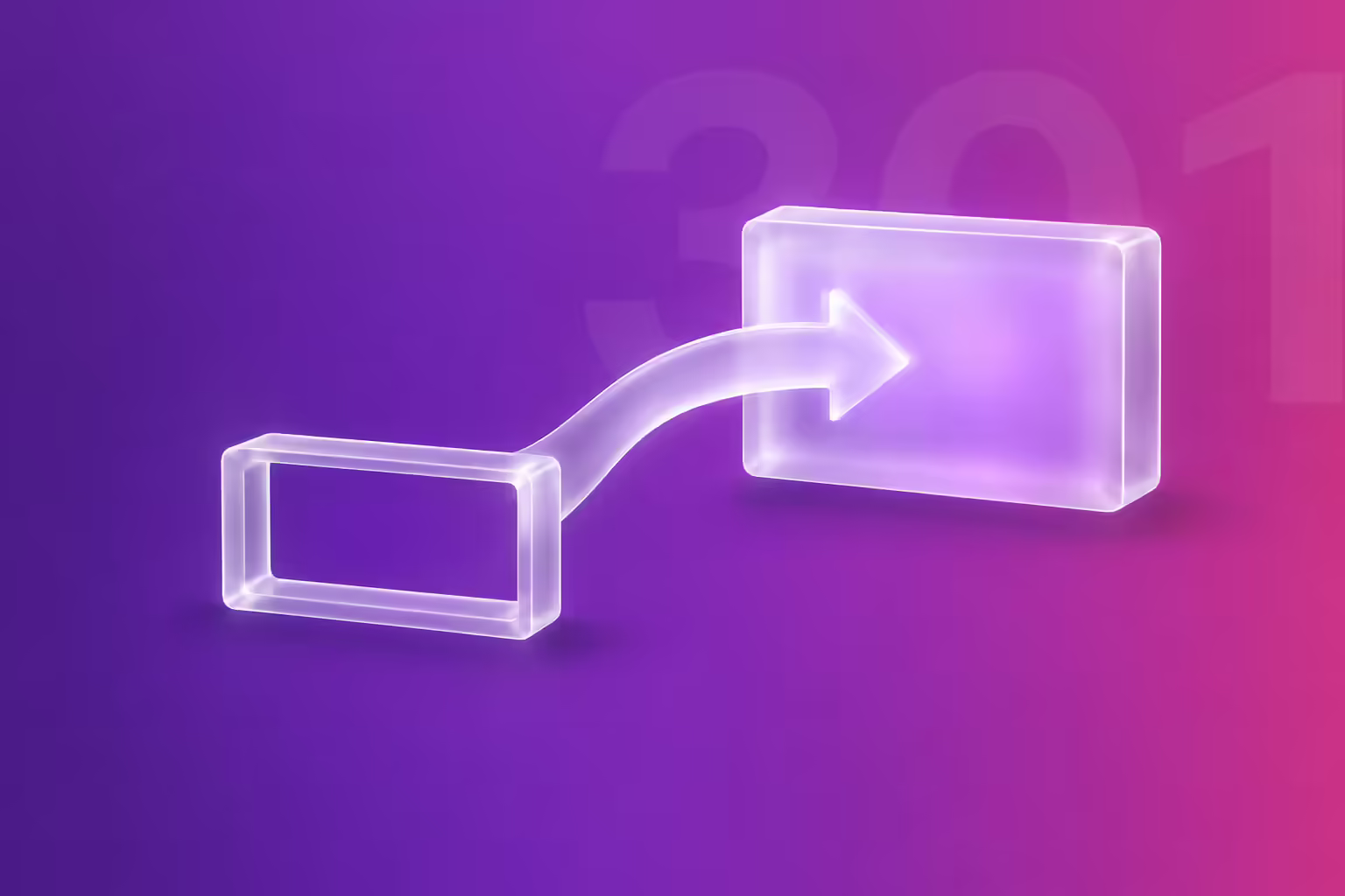 A hollow frosted-glass plaque on a violet to magenta gradient with a thick glass arrow curving out of it into a second, larger glass slab that glows from within