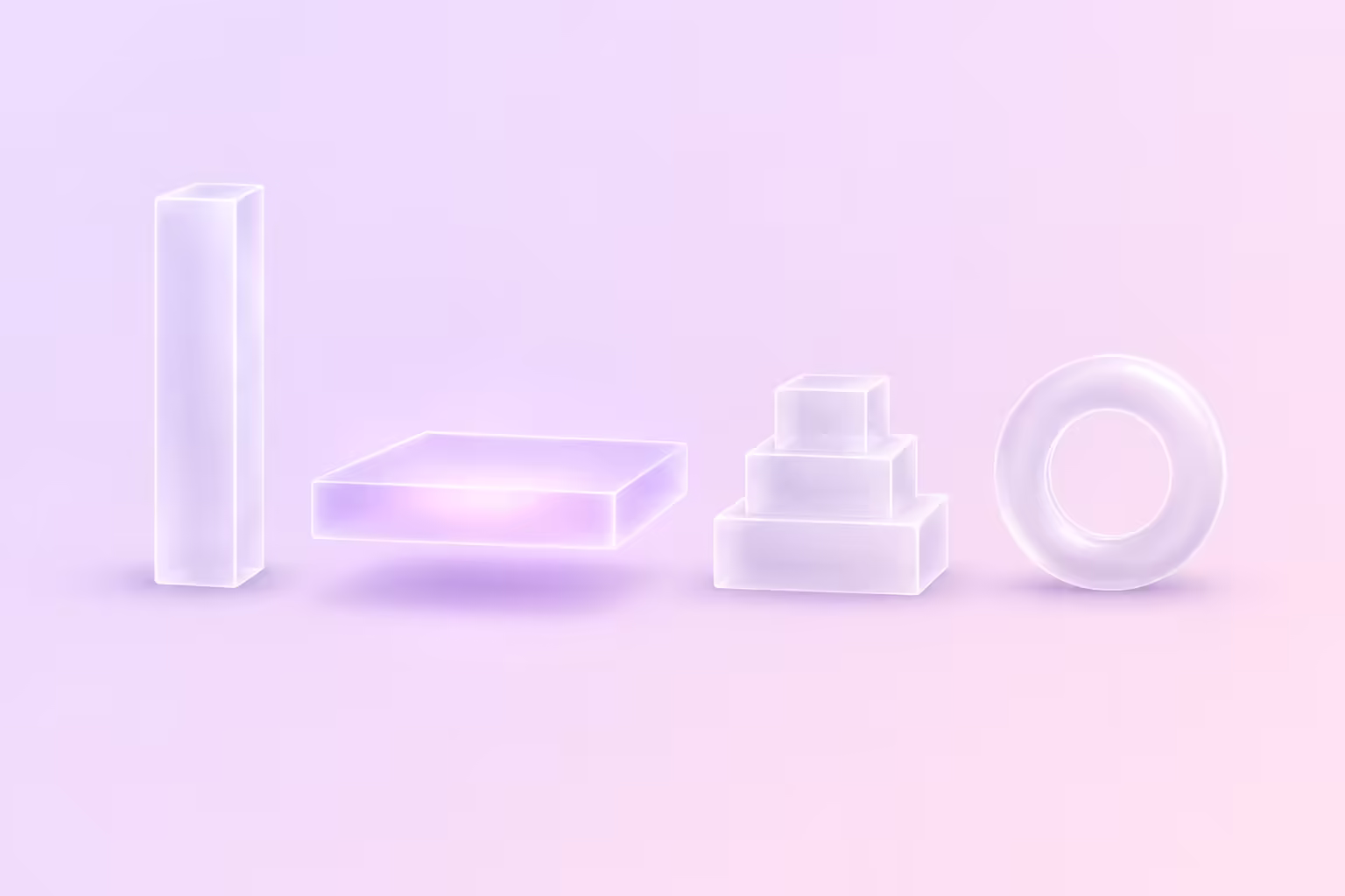 Four translucent frosted-glass forms of different shapes on a pale violet ground, a column, a flat slab, a stepped stack and a ring, with the flat slab raised and lit from inside